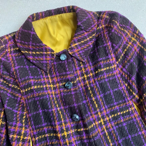 Vintage Handmade Plaid Cape Coat Purple Orange Tartan Mod Dark Academia Sz M - Picture 2 of 13